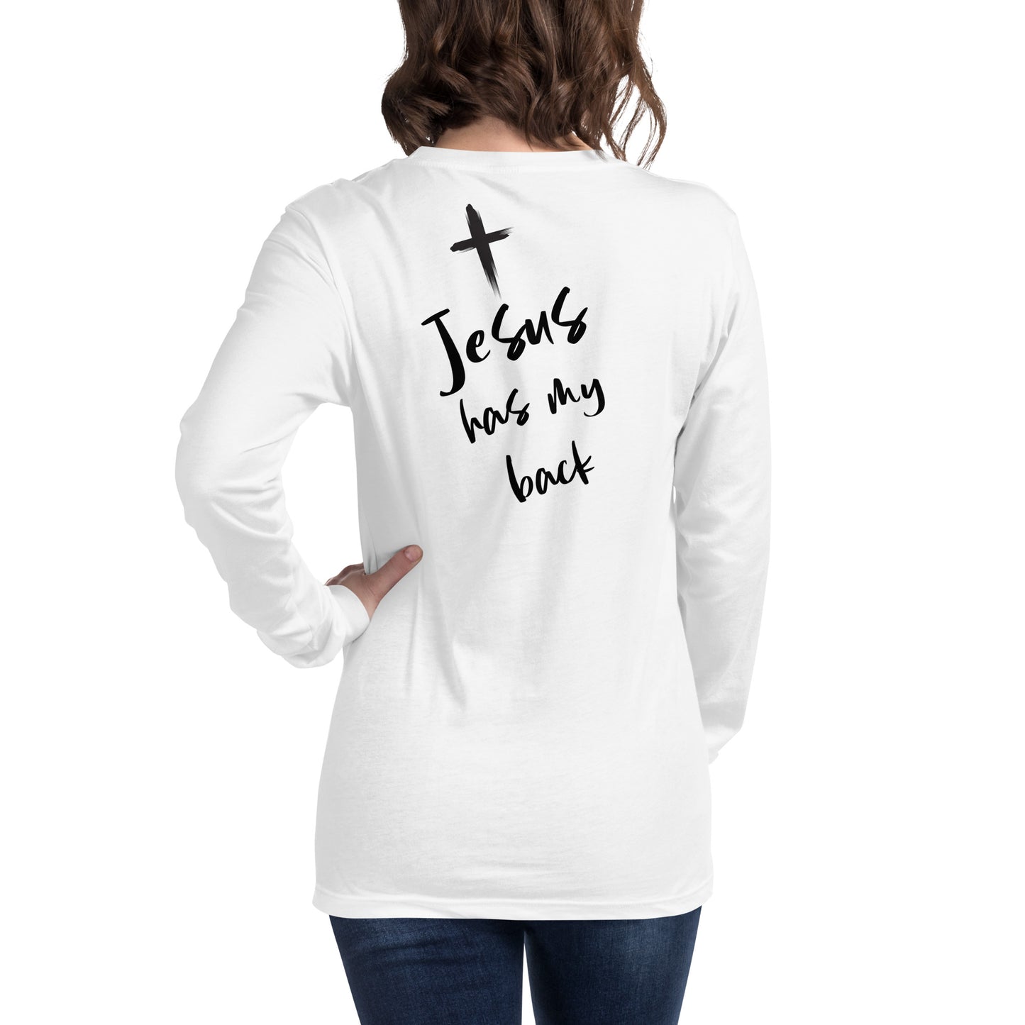 JESUS HAS MY BACK LONG-SLEEVE WHITE SHIRT FOR WOMEN